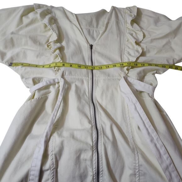 Free People Sz XL Imogene Cream Denim Mini Dress Ruffle Puff Sleeve Dolman - Picture 14 of 17